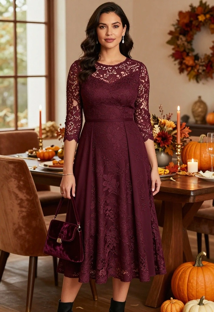 19 Dressy Thanksgiving Outfits That’ll Have Everyone Asking Where You Shop - 10. A Lace-Sleeve Dress for Romantic Holiday Style 1