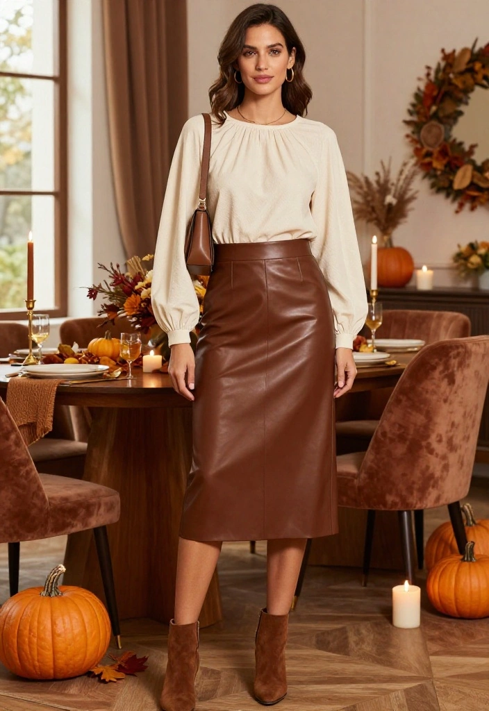 19 Dressy Thanksgiving Outfits That’ll Have Everyone Asking Where You Shop - 11. A Leather Midi Skirt with a Soft Blouse 1