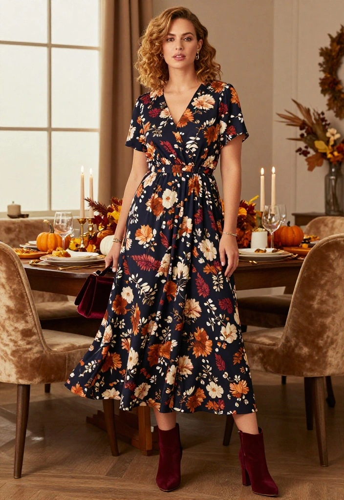 19 Dressy Thanksgiving Outfits That’ll Have Everyone Asking Where You Shop - 12. A Dark Floral Dress with Autumn Accessories 1