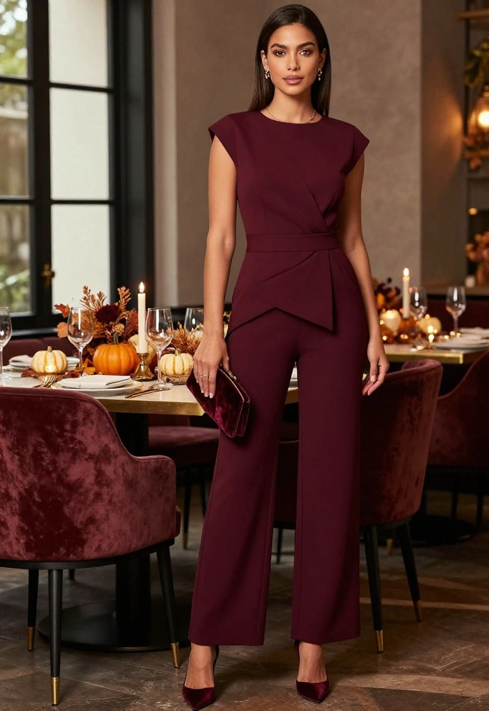 19 Dressy Thanksgiving Outfits That’ll Have Everyone Asking Where You Shop - 9. The Burgundy Jumpsuit with a Defined Waist 1