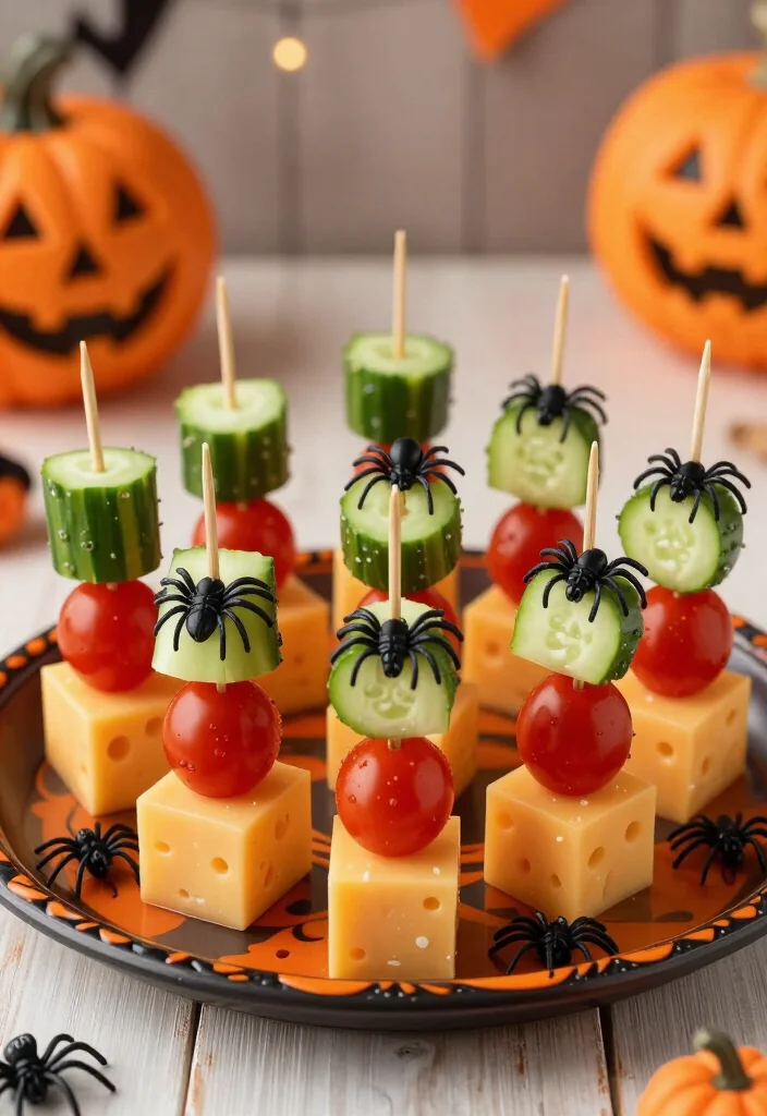 19 Easy and Delicious Halloween Snacks That Will Haunt Your Taste Buds (Don't Miss #8!) - 17. Creepy Crawly Cheese and Veggie Skewers 1