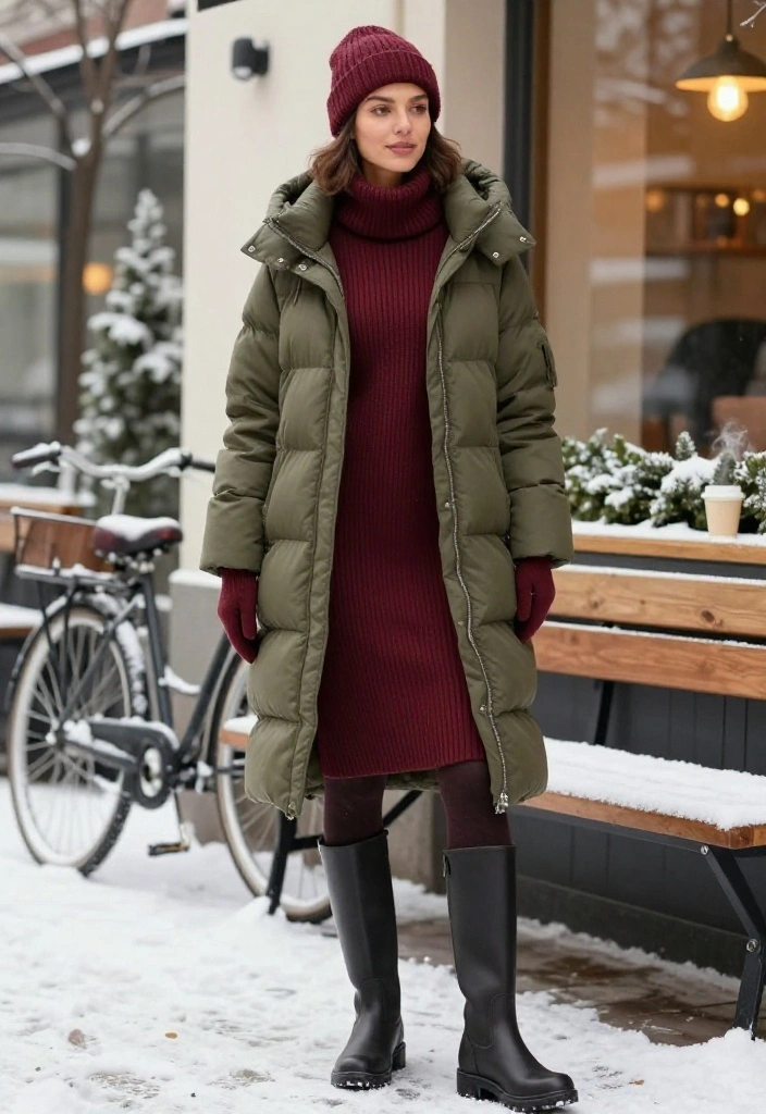 20 Cozy Winter Outfits So Stylish, You’ll Never Want to Leave Your Sweater Weather Era - 4. A Puffer Coat Over a Knit Dress 1
